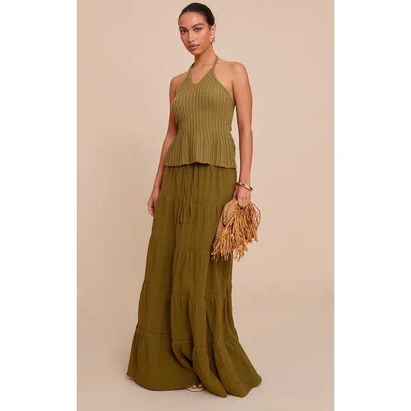 Olive Cotton Tiered Drawstring Waist Maxi Skirt
