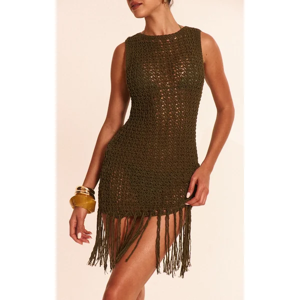 Olive Crochet Boat Neck Tassel Mini Dress