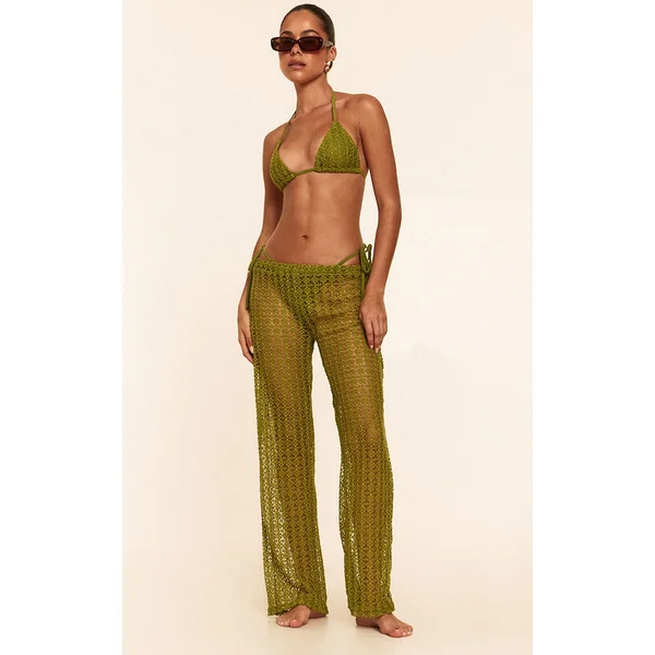 Olive Crochet Low Waist Wide Leg Beach Pants