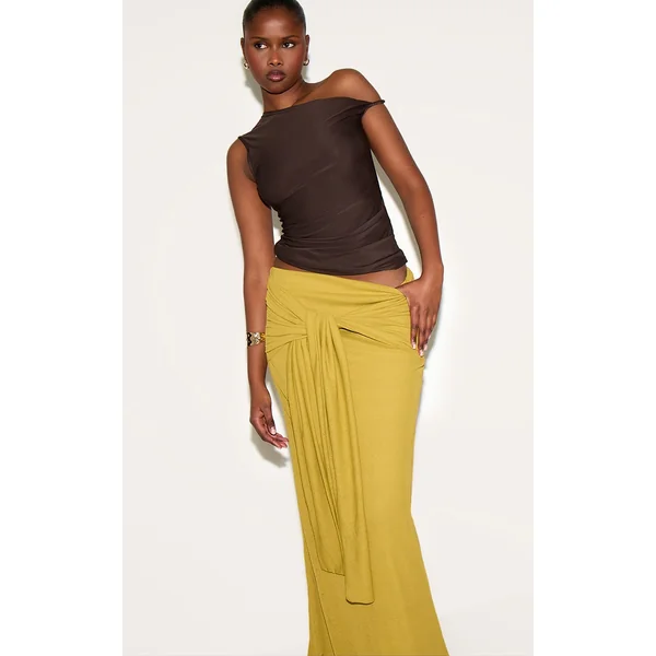 Olive Double Layer Burnout Mesh Wrap Front Maxi Skirt