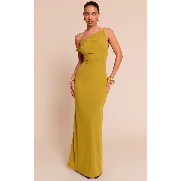 Olive Double Layered Chiffon Asymmetric Maxi Dress