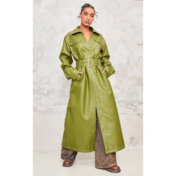 Olive Faux Leather Contrast Stitch Split Hem Trench Coat