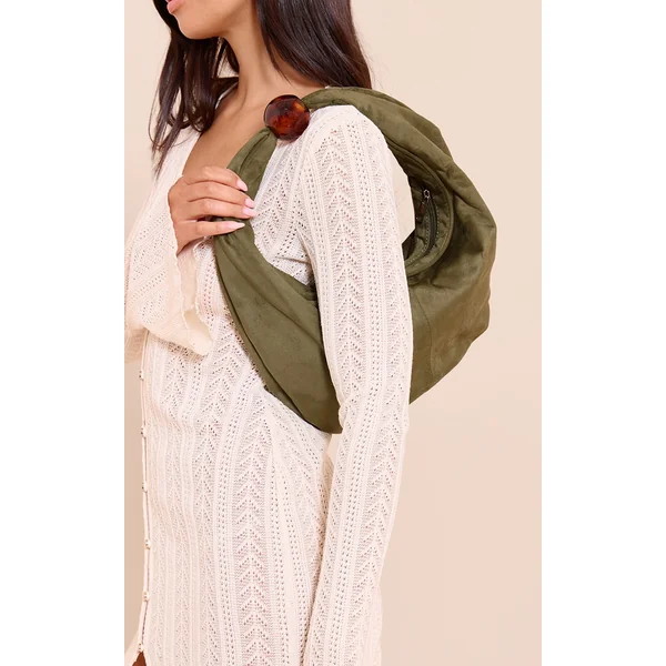 Olive Faux Suede Bead Handle Shoulder Bag