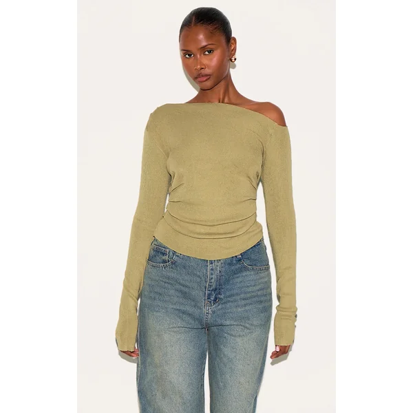 Olive Fine Knit Asymmetric Top