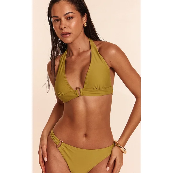 Olive Gold Trim Halter Neck Triangle Bikini Top