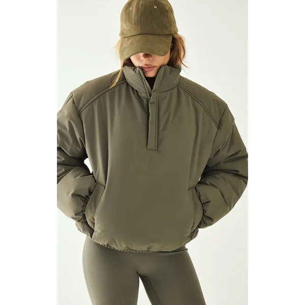 Olive High Neck Cropped Puffer Jacket