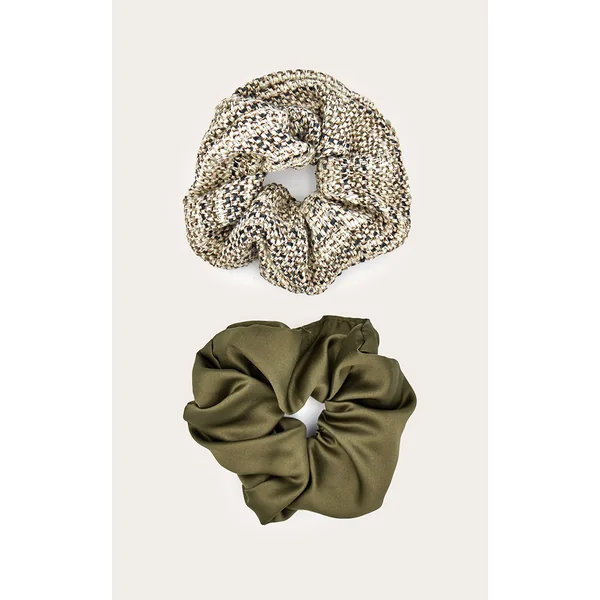 Olive Knitted & Satin Oversized Scrunchie 2 Pack