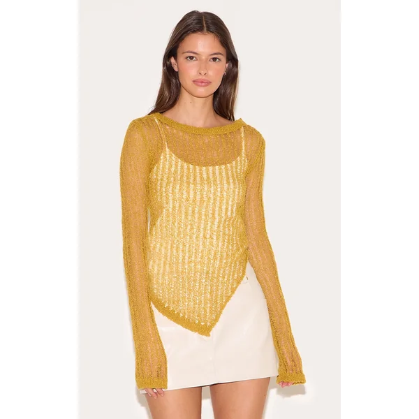 Olive Ladder Knit Sheer Asymmetric Hem Top