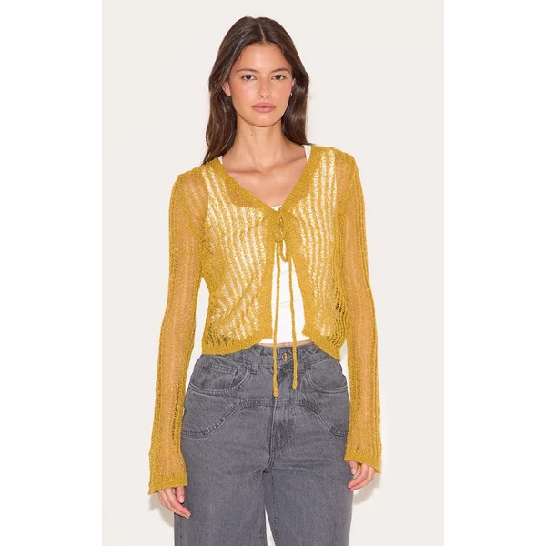 Olive Ladder Knit Sheer Cropped Tie Front Top