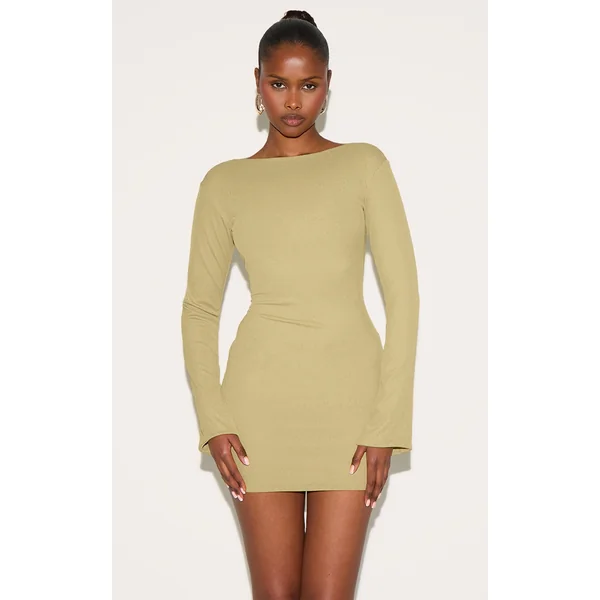 Olive Onion Skin Boat Neck Flute Sleeve Mini Dress