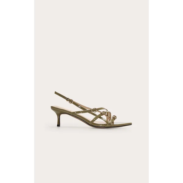 Olive Patent Pu Point Toe Multi Buckle Low Stiletto Heeled Sandals