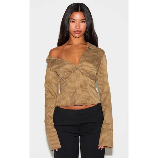 Olive Peach Skin Striped Plunge Shirt