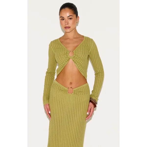 Olive Pointelle Knit Trim Detail Long Sleeve Top