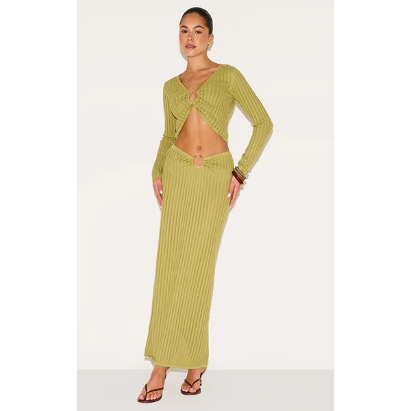 Olive Pointelle Knit Trim Split Maxi Skirt