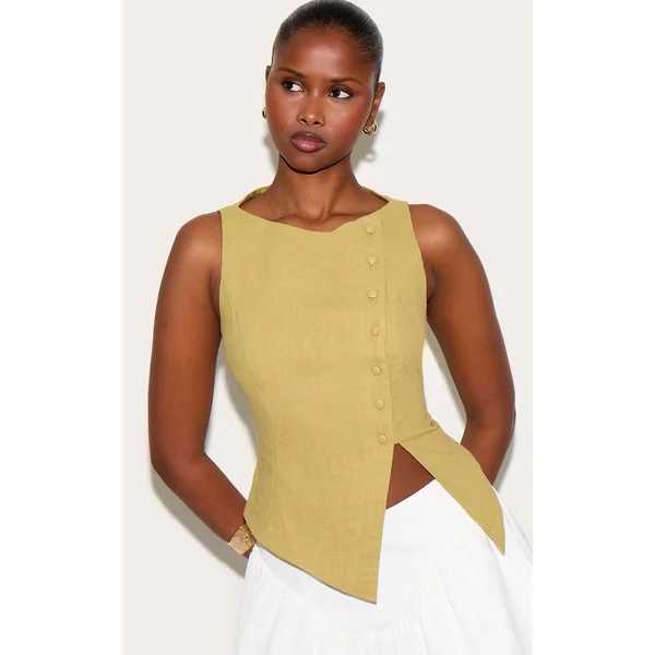 Olive Premium Linen Blend Asymmetric Button Up Vest