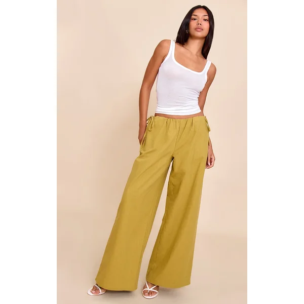Olive Premium Linen Side Tie Detail Wide Leg Pants