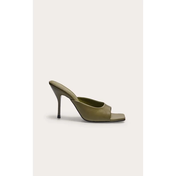 Olive PU Square Toe High Stiletto Heeled Mules