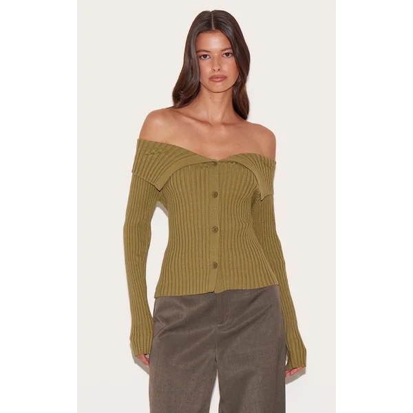 Olive Rib Knit Fold Over Button Up Top