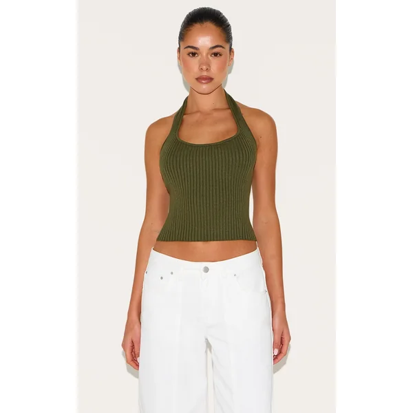 Olive Rib Knit Halterneck Top