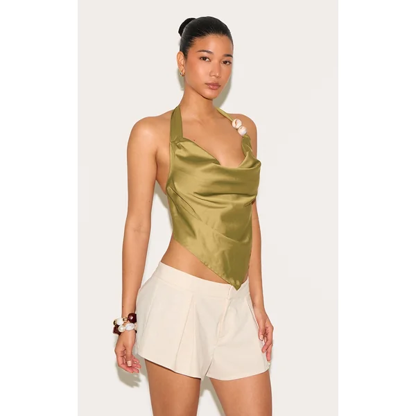 Olive Satin Bead Detail Backless Top