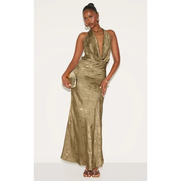 Olive Satin Extreme Cowl Neck Maxi Dress