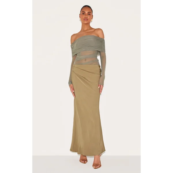 Olive Satin Mesh Detail Bardot Maxi Dress
