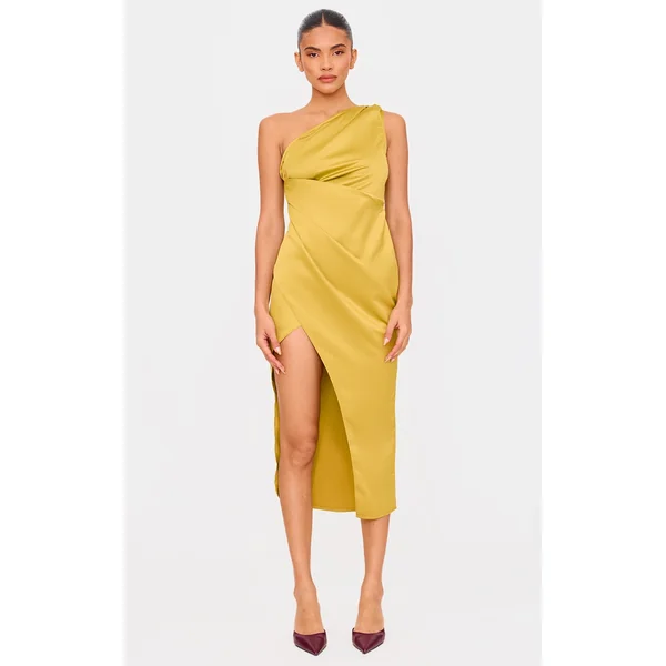 Olive Satin One Shoulder Pleat Detail Midi Dress