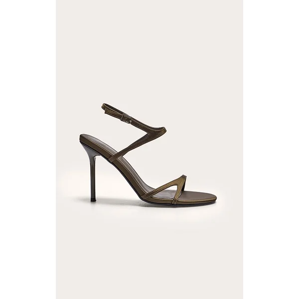 Olive Satin Round Toe Asymmetric Strap High Stiletto Heeled Sandals