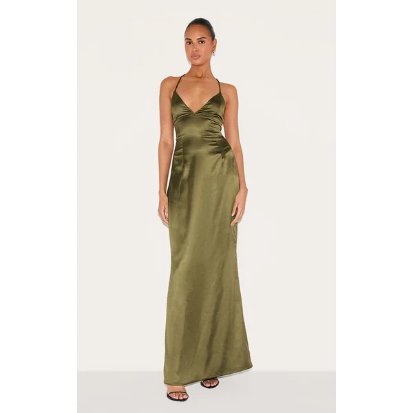 Olive Satin Tie Back Maxi Dress