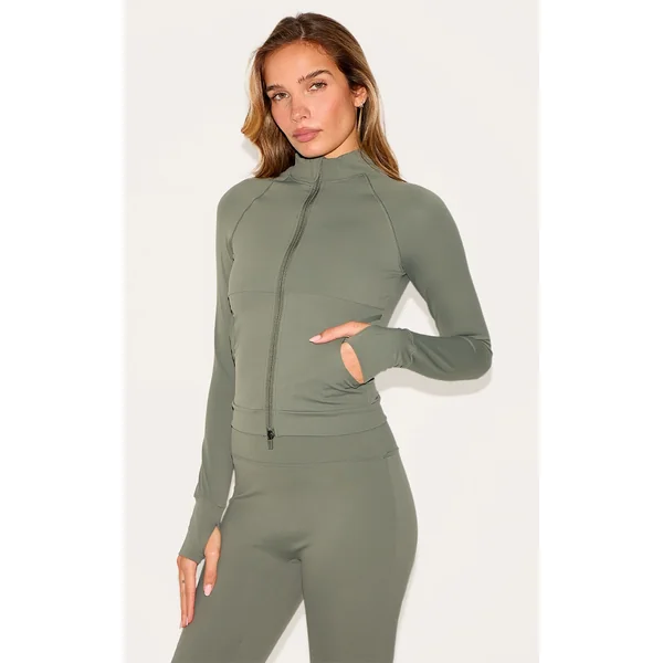 Olive Sculpt Pocket Front Double Zip Up Jacket