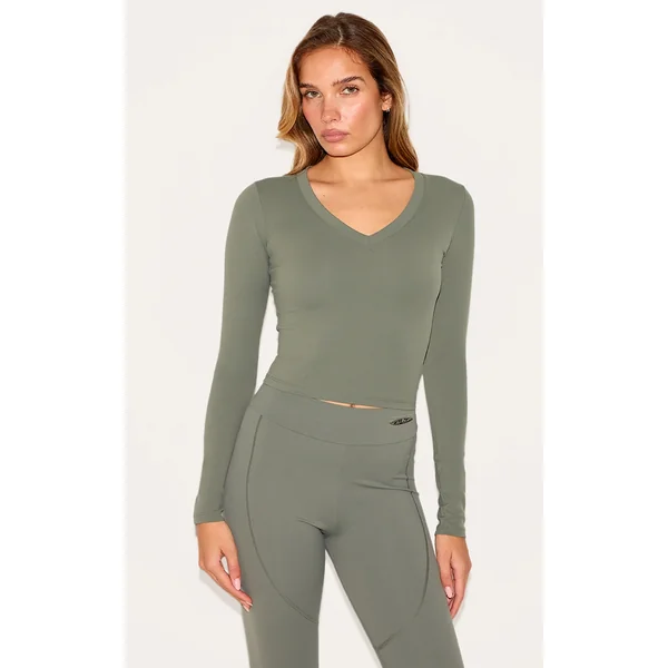 Olive Sculpt V Neck Long Sleeve Top