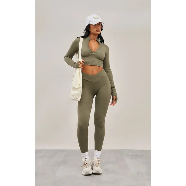 Olive Seamless Cross Front Seam Detail Leggings