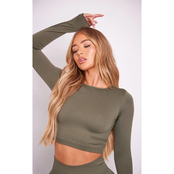 Olive Seamless Long Sleeve Cropped Gym Top