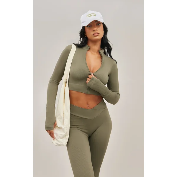 Olive Seamless Seam Detail Cropped Sports Jacket
