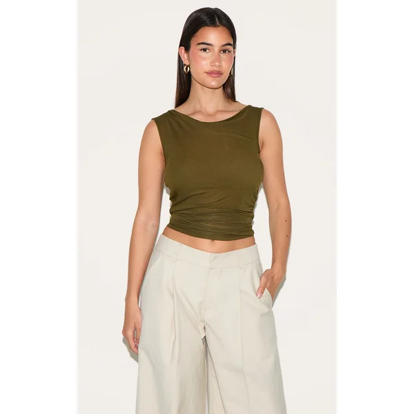 Olive Sheer Soft Touch Cowl Neck Long Vest Top