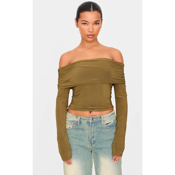 Olive Slinky Bardot Long Sleeve Long Top