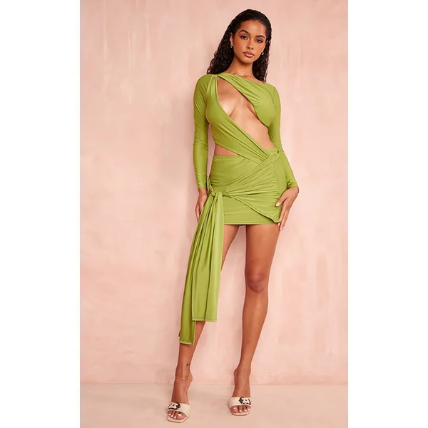 Olive Slinky Cut Out Long Sleeve Knot Bodycon Dress