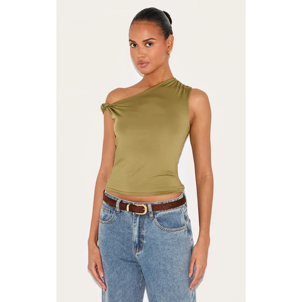 Olive Slinky Knot Strap Detail Long Top