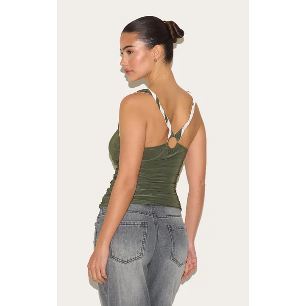 Olive Slinky Twist Shoulder Ruched Longline Top