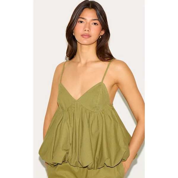 Olive Strappy Puffball Cami Top