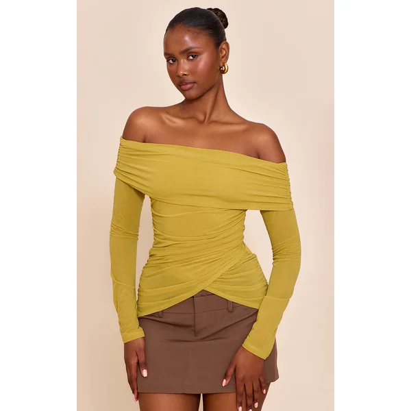Olive Stretch Chiffon Ruching Bardot Detail Long Sleeve Top