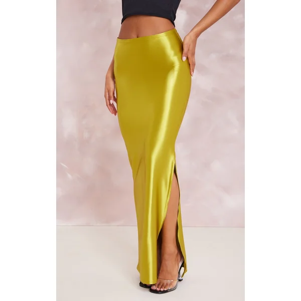 Olive Stretch Satin Split Side Maxi Skirt