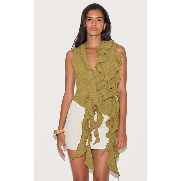 Olive Textured Ruffle Asymmetric Long Top