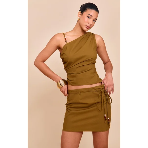 Olive Trim Detail Asymmetric Mini Skirt