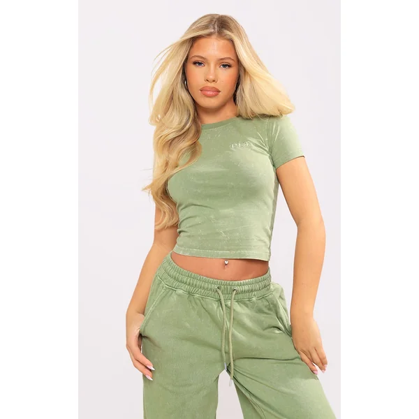Olive Washed Cotton Longline Fitted T-Shirt