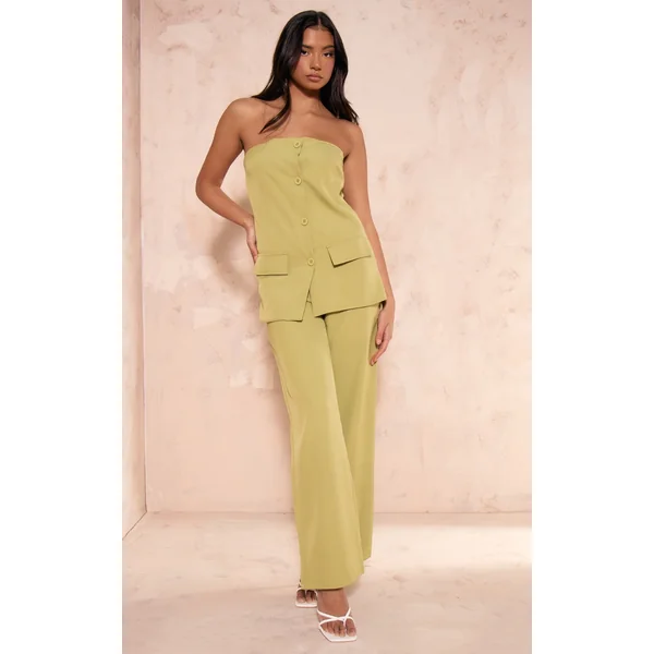 Olive Woven Bandeau Button Detail Tailored Wide Leg Jumpsuit