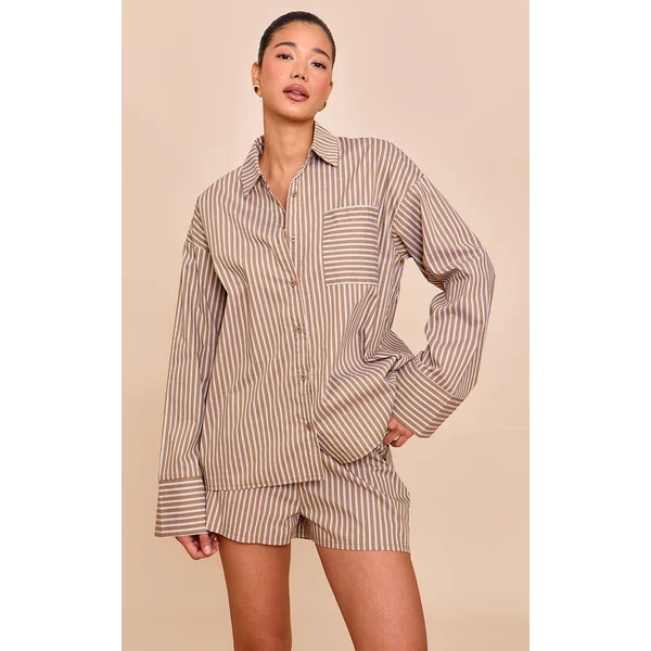 Olive Woven Pinstripe Balloon Sleeve Oversized Shirt
