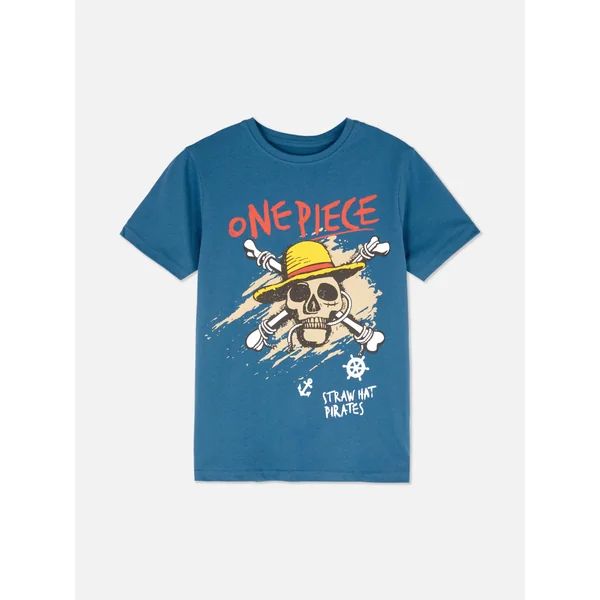 One-Piece Straw Hat Flag T-Shirt - Blue