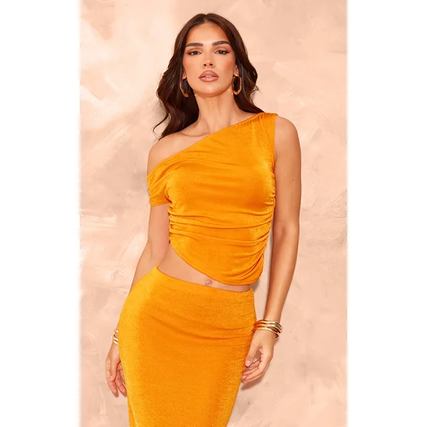 Orange Acetate Slinky One Shoulder Asymmetric Top