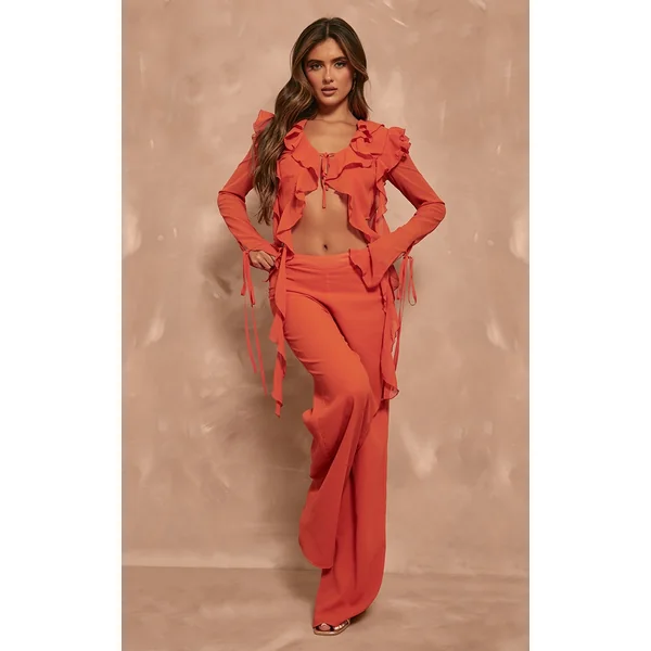 Orange Chiffon Mid Rise Wide Leg Pants